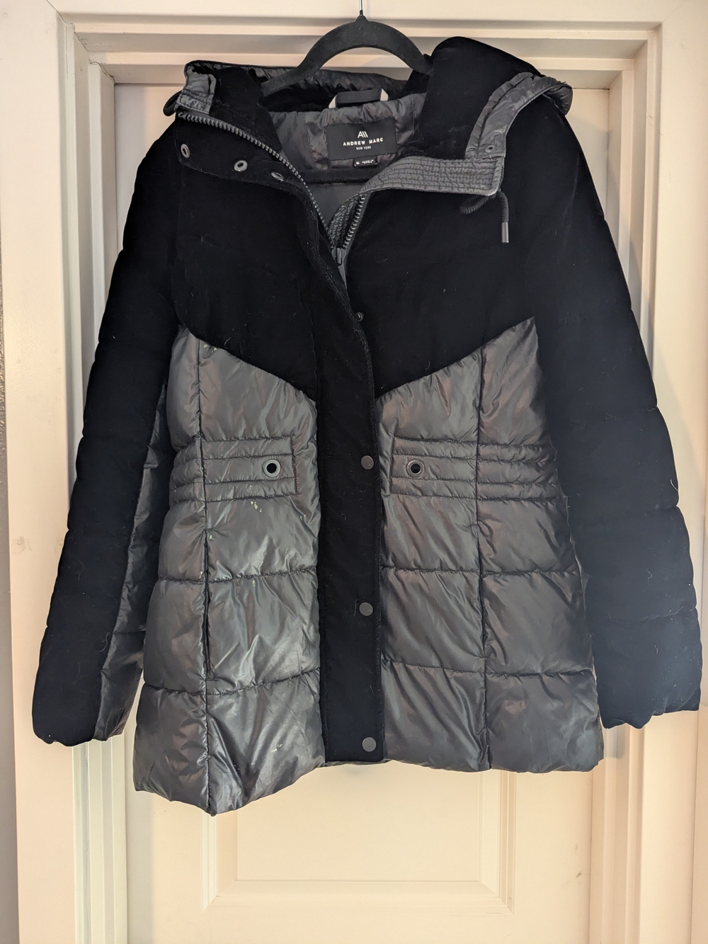 Andrew Marc Black and Gray Quilted Hooded Puffer Coat